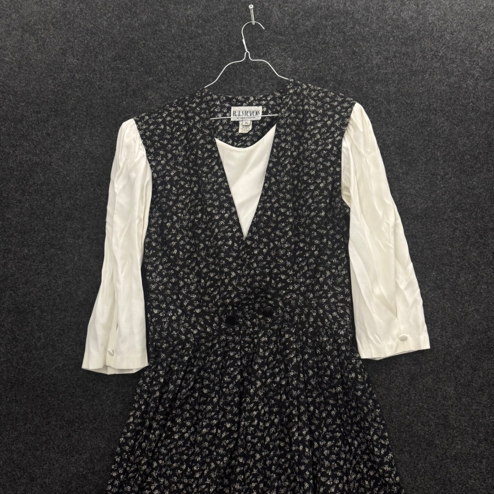 RJ Stevens Vintage Floral Midi Dress Black Cream Long Sleeve 90s Made in USA 14